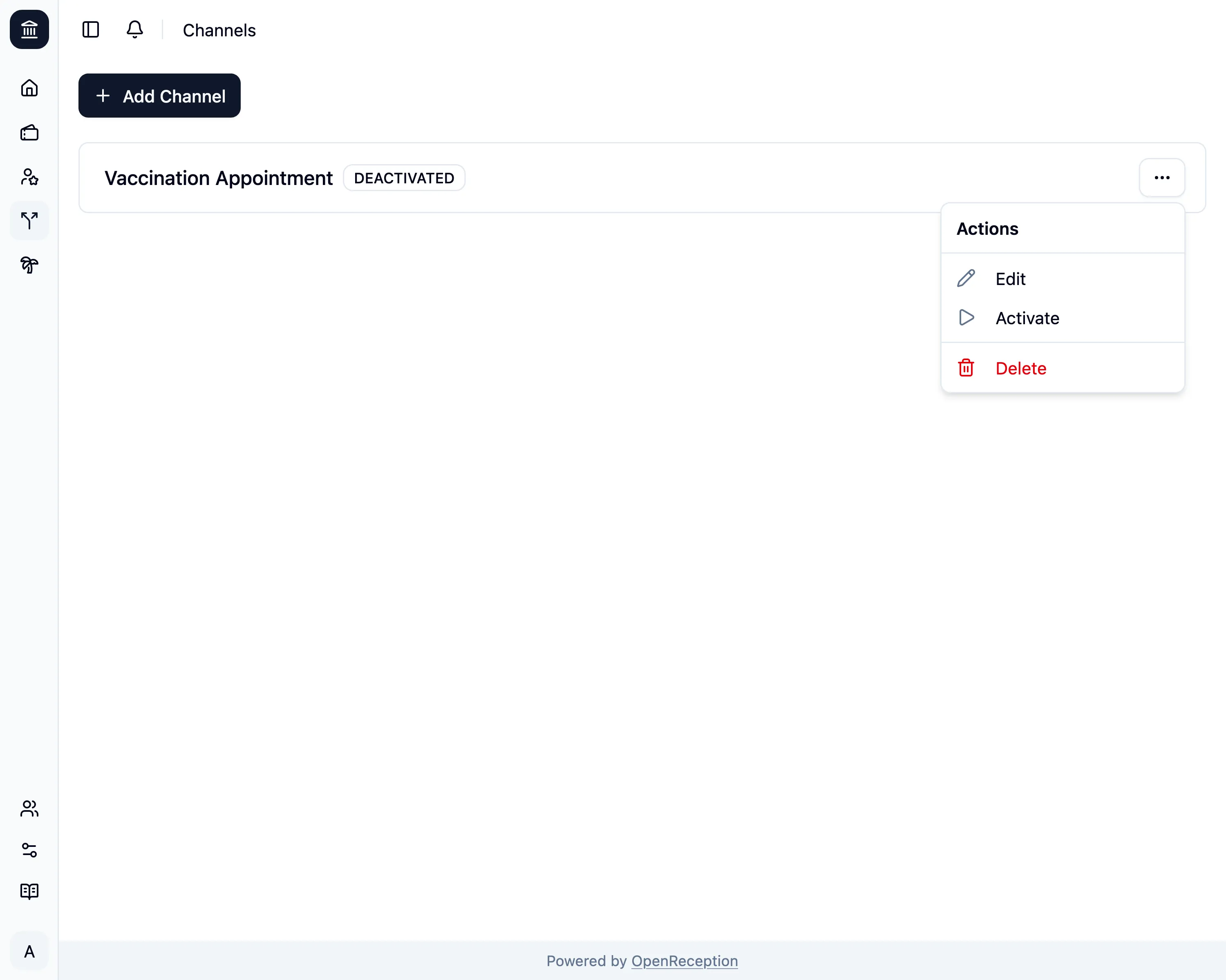 Channel list with activate option