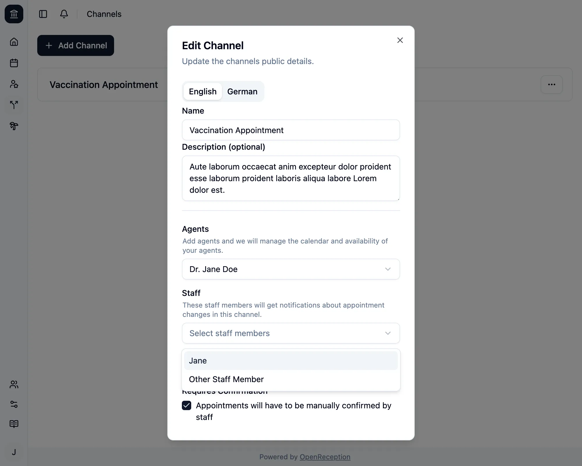 Edit channel form with staff members for notifications
