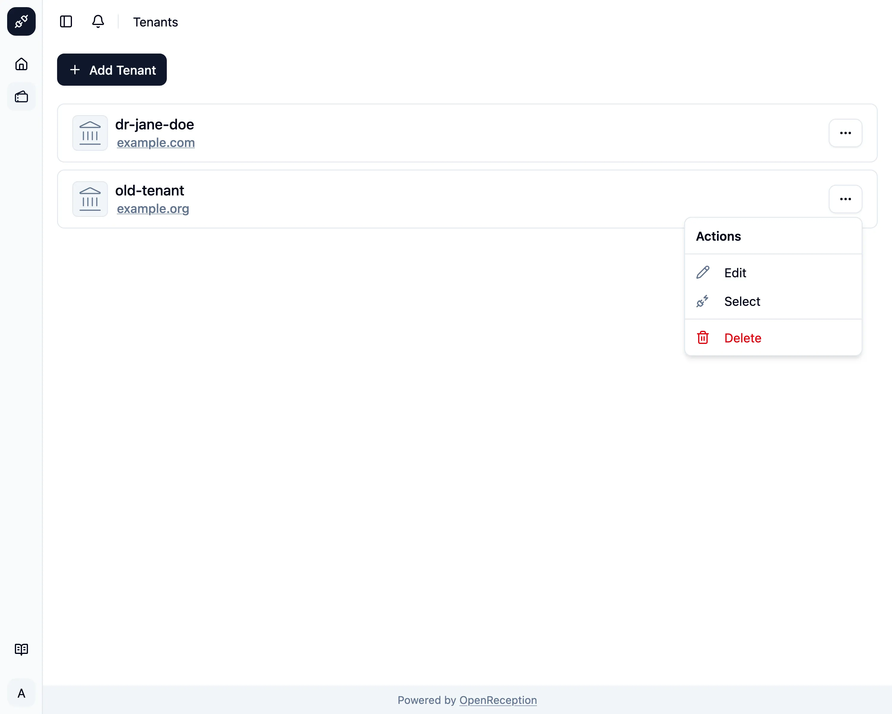 Tenant list with open context menu