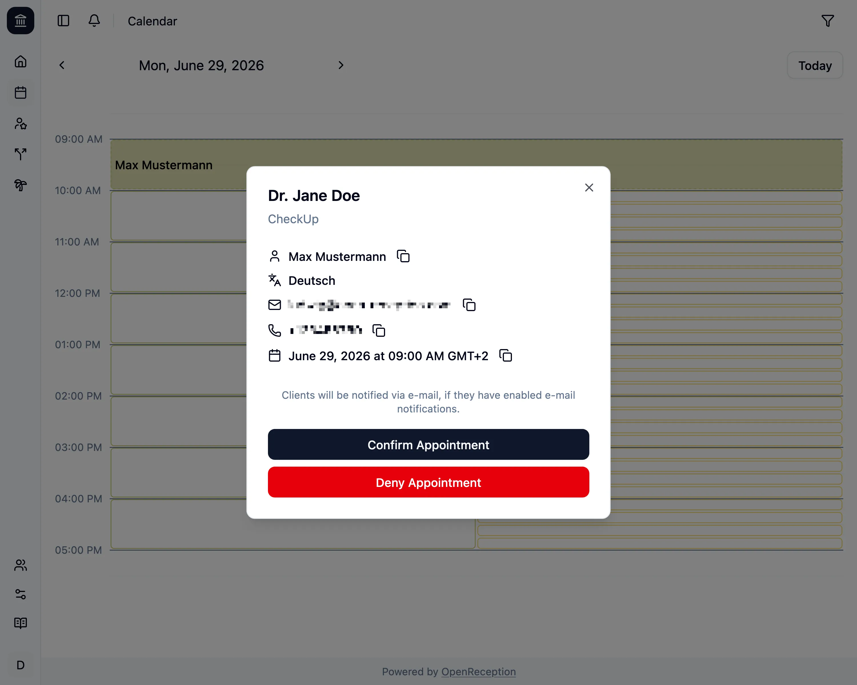 Termindetails mit Ablehnungs-Schaltfläche