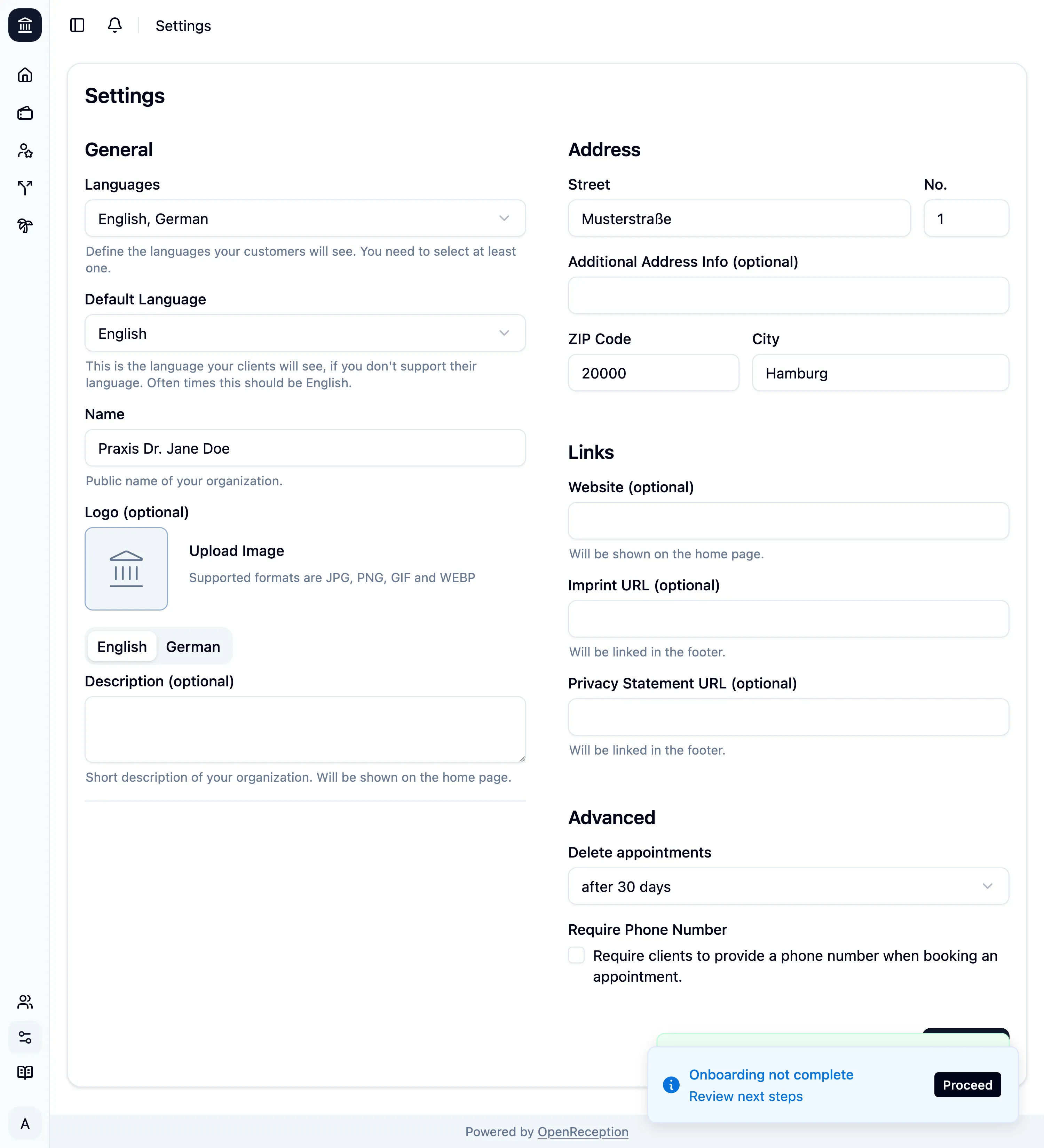 Tenant settings saved during onboarding