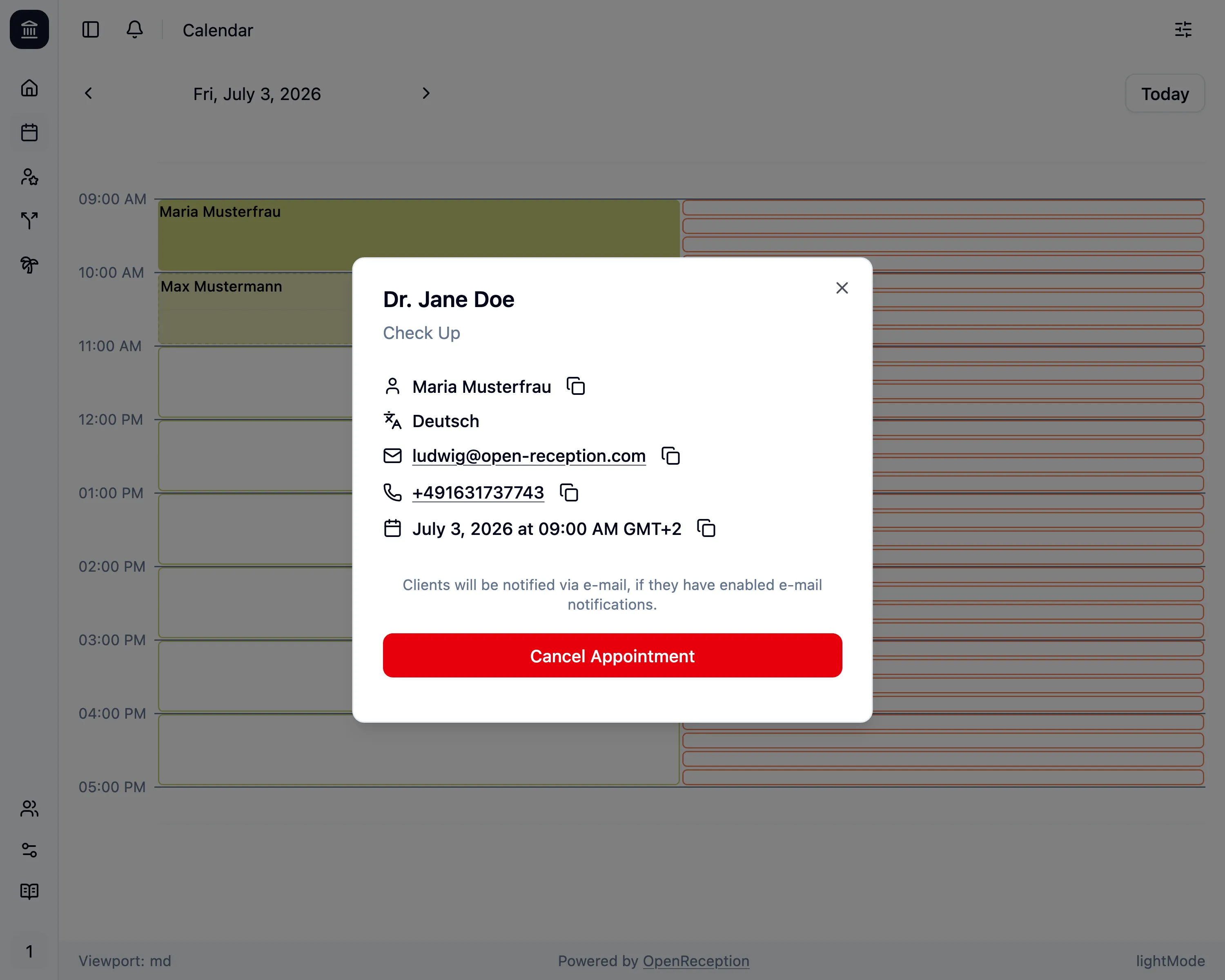 Appointment Details withing the calendar